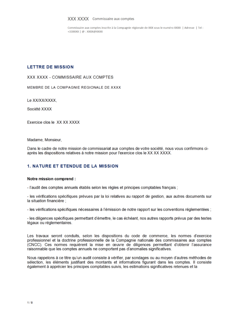 Aperçu du modèle de lettre de commissaire au comptes