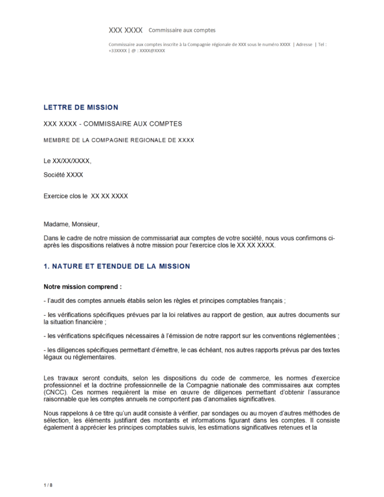 Aperçu du modèle de lettre de commissaire au comptes
