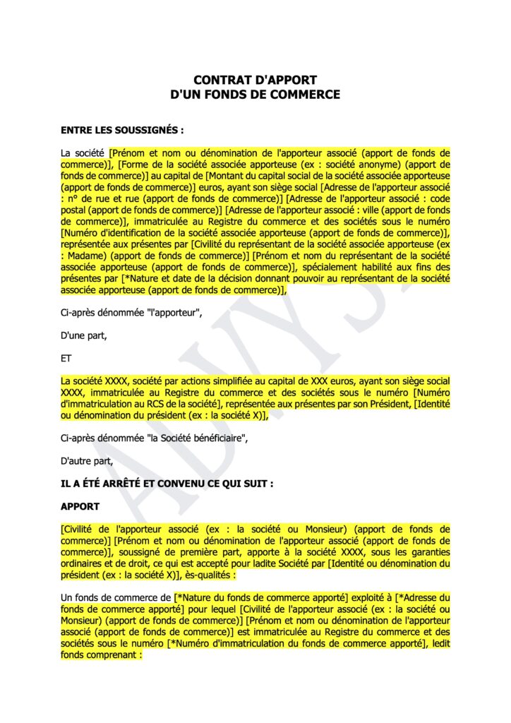 Couverture du modèle de contrat d’apport du fonds de commerce