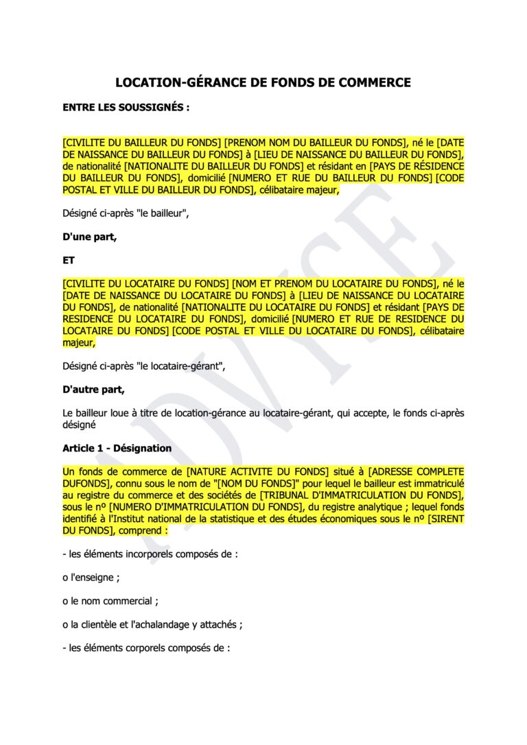 Couverture du Modèle de contrat de location gérance d’un fonds de commerce