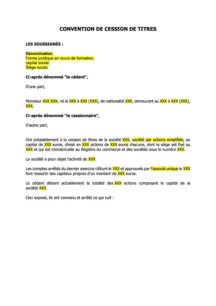 Couverture du modèle de convention de cession de titres