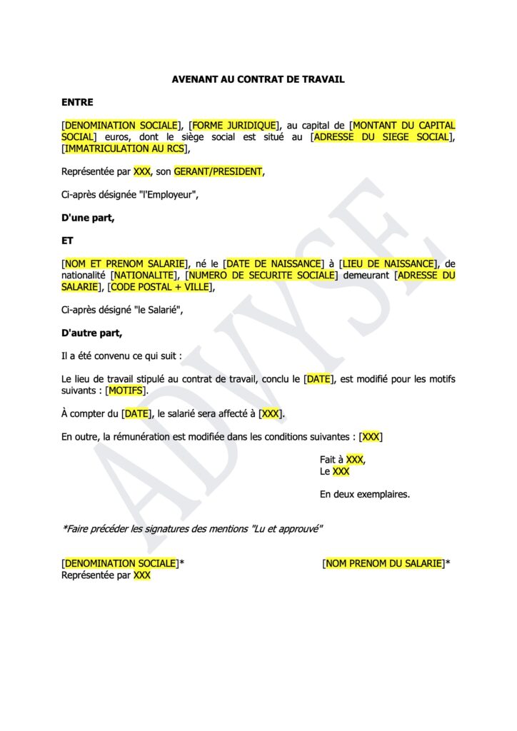 Couverture du modèle d’avenant au contrat de travail