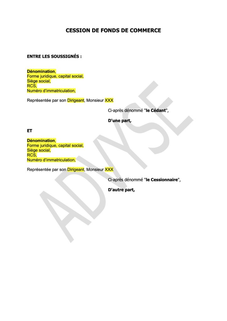 Couverture de modèle de contrat de cession de fonds de commerce