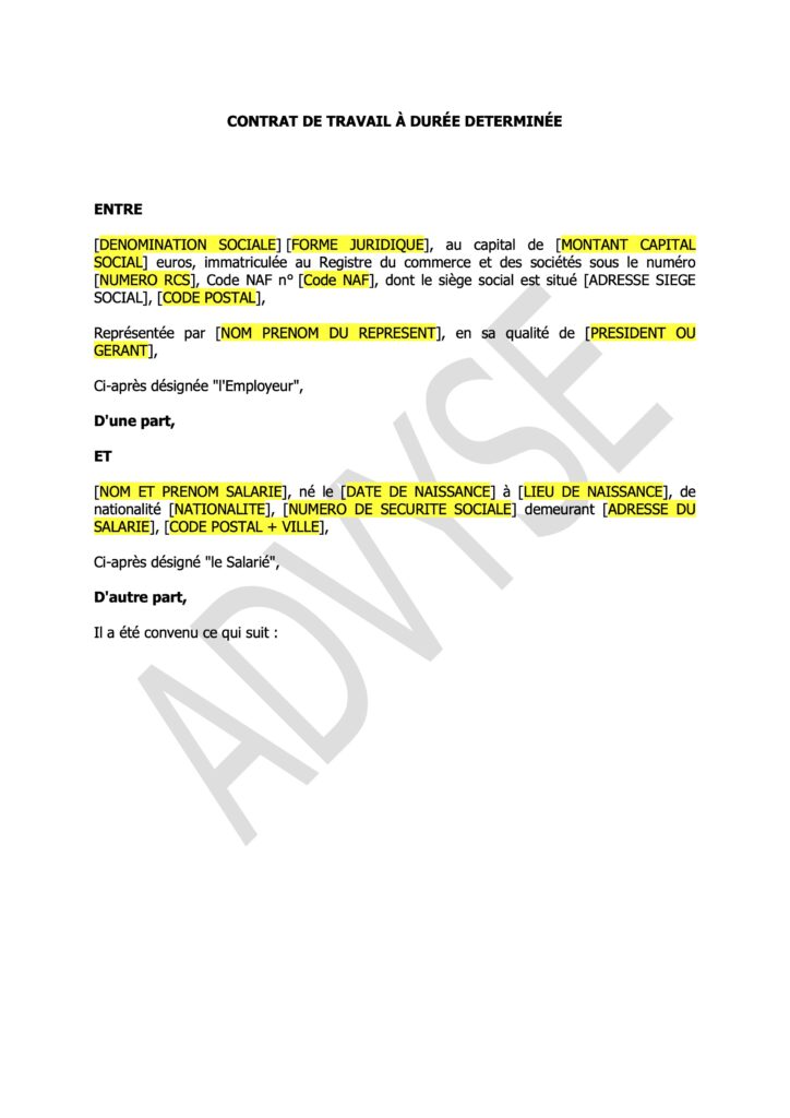 Couverture de modèle de contrat de travail