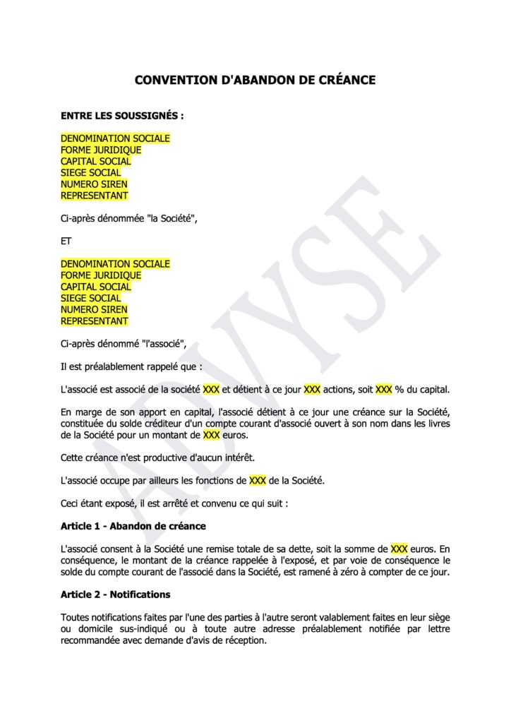 Couverture du modèle de convention d’abandon de compte courant d’associé
