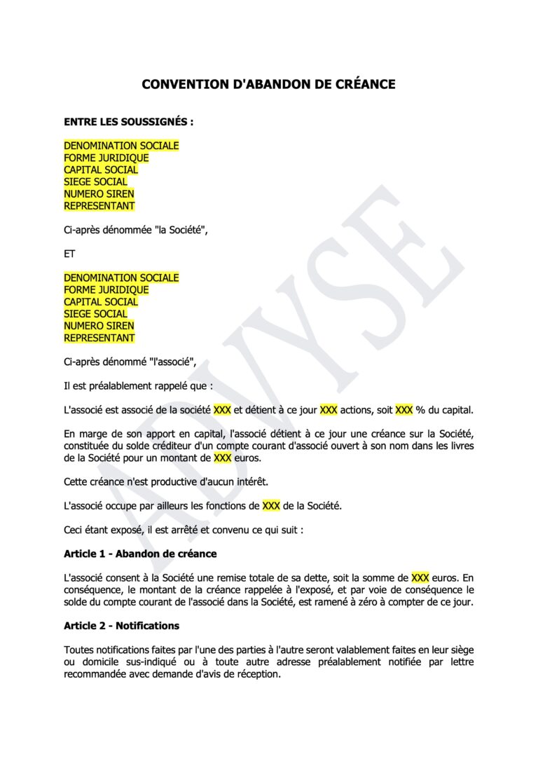 Couverture du modèle de convention d’abandon de compte courant d’associé