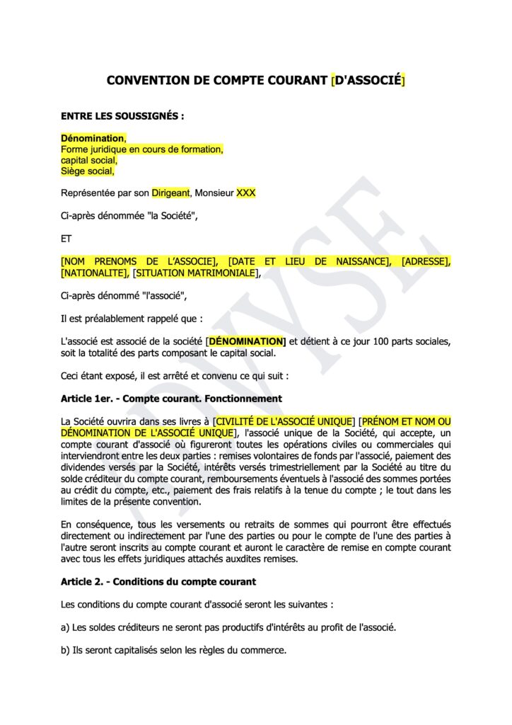 Couverture du modèle de convention de compte courant d’associé gratuit