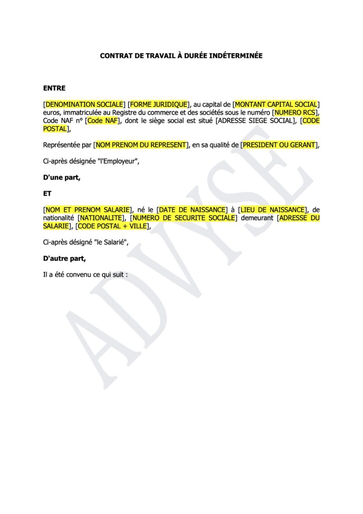 Couverture de modèle de contrat de travail CDI