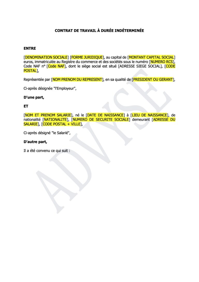 Couverture de modèle de contrat de travail CDI