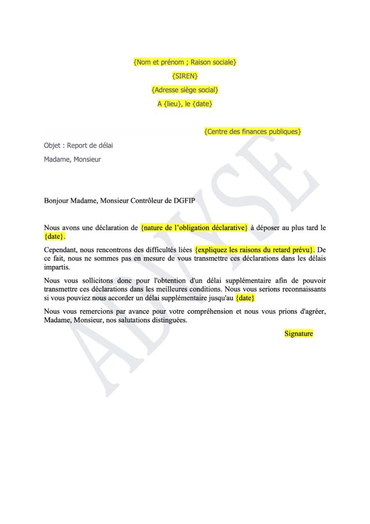 Couverture Modèle de demande de délai de dépôt d'une déclaration fiscale
