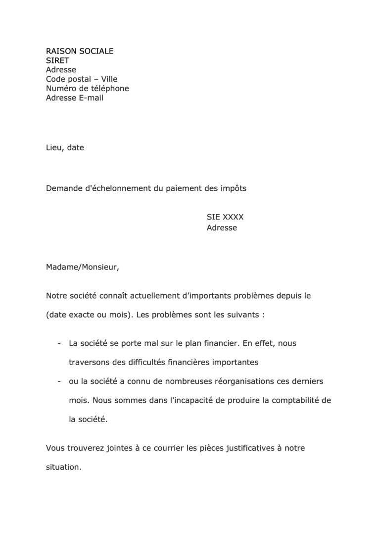 Couverture du modèle de lettre pour une demande d'échelonnement du paiement des impôts