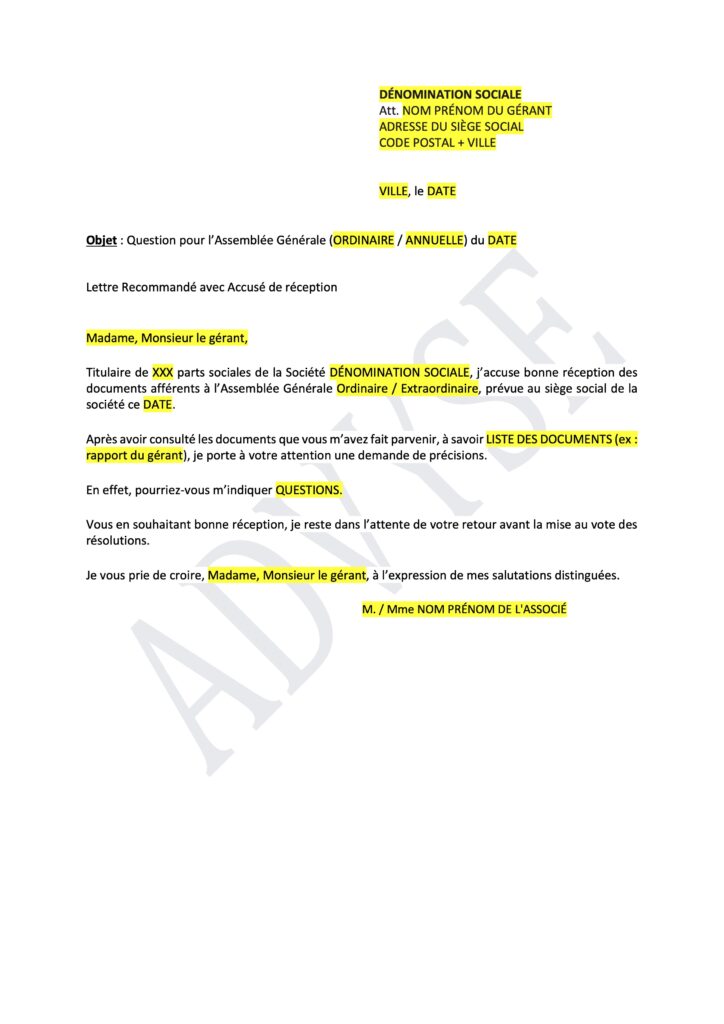 Couverture de modèle de lettre de question pour l’Assemblée Générale Ordinaire annuelle