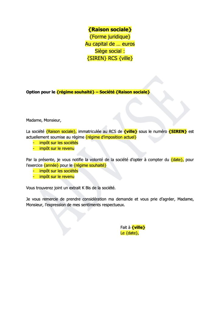 Couverture du Modèle de lettre d’option pour l’impôt sur les sociétés (IS) ou pour l’impôt sur le revenu (IR)