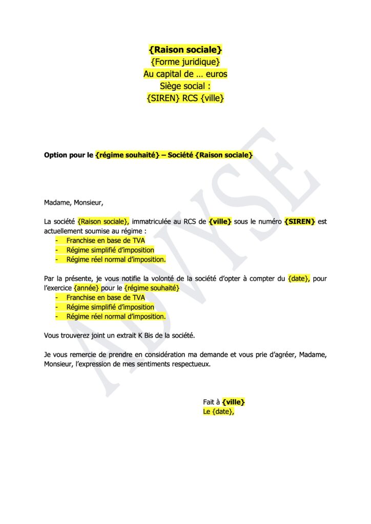 Couverture du modèle de lettre de demande d'option pour un régime de TVA