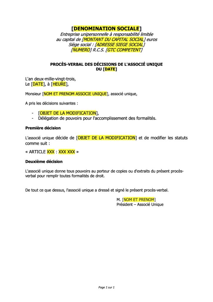 Couverture du modèle de décisions de l'associé unique
