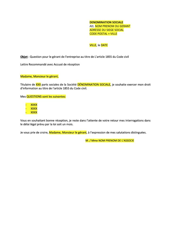 Couverture du modèle de lettre d'une question d'un associé au gérant