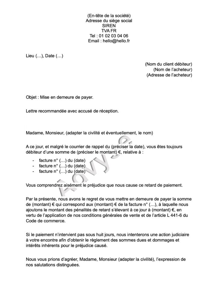 Couverture de modèle de mise en demeure de payer
