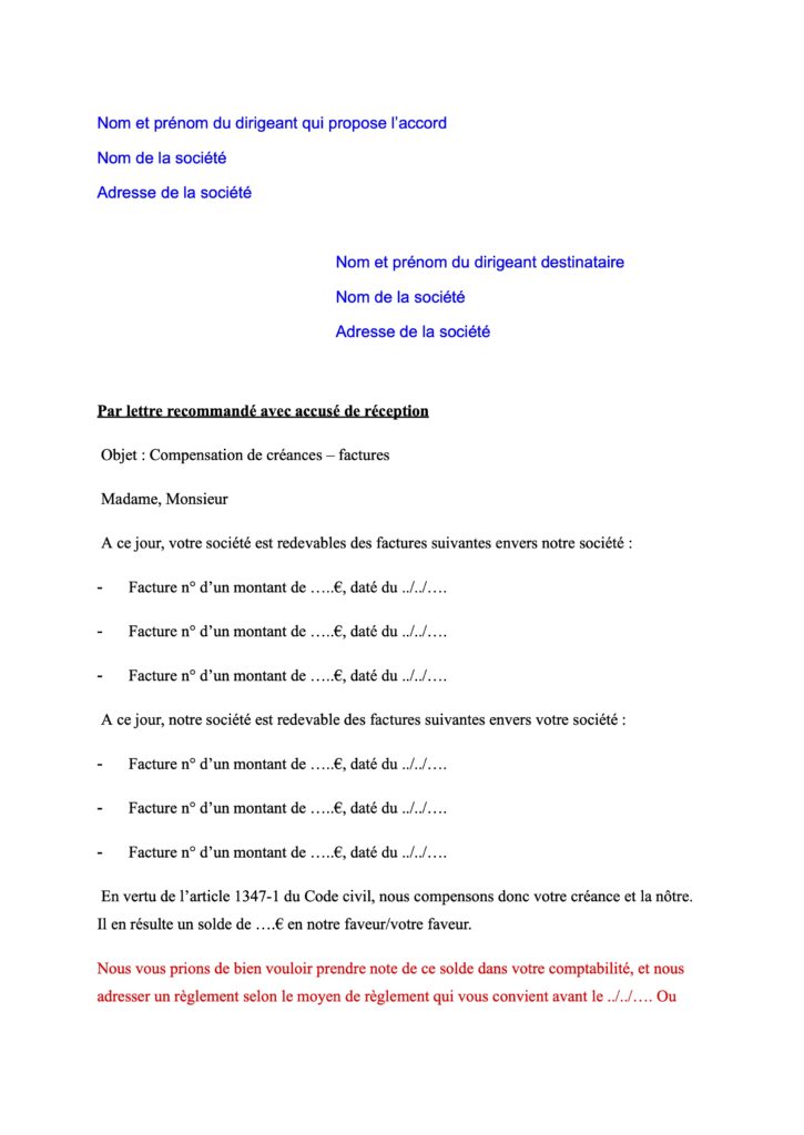 Couverture du Modèle d’accord de compensation de créance