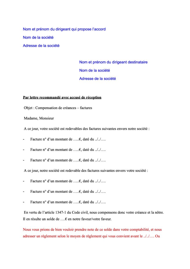 Couverture du Modèle d’accord de compensation de créance