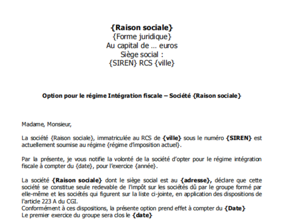 modeles lettre option integration fiscale