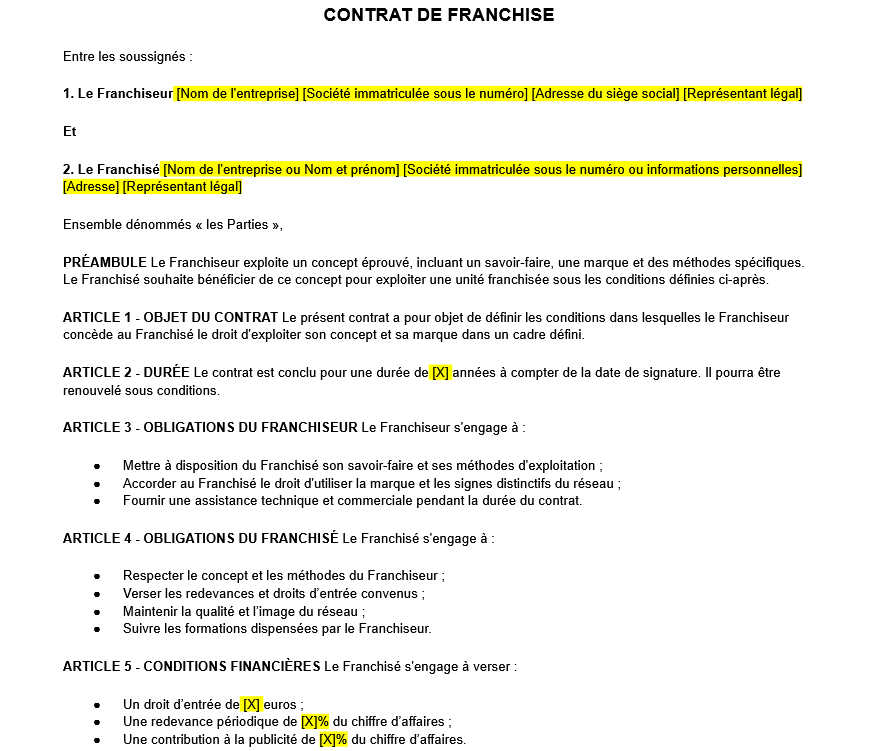 modele de document de contrat de franchise