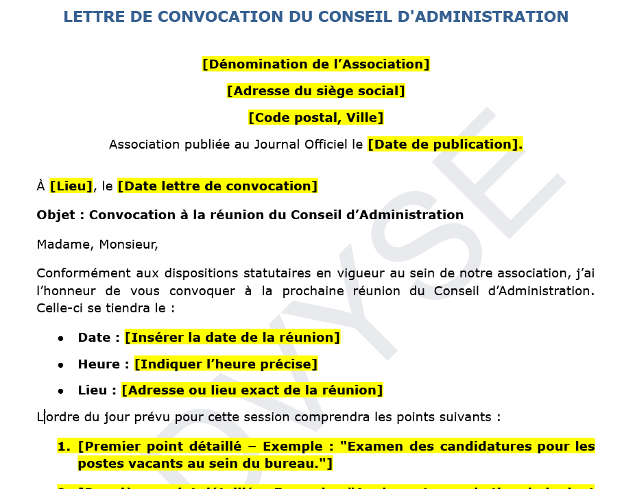 Préparez vos réunions du Conseil d’Administration en toute conformité. Téléchargez un modèle de convocation complet et adapté pour votre association.
