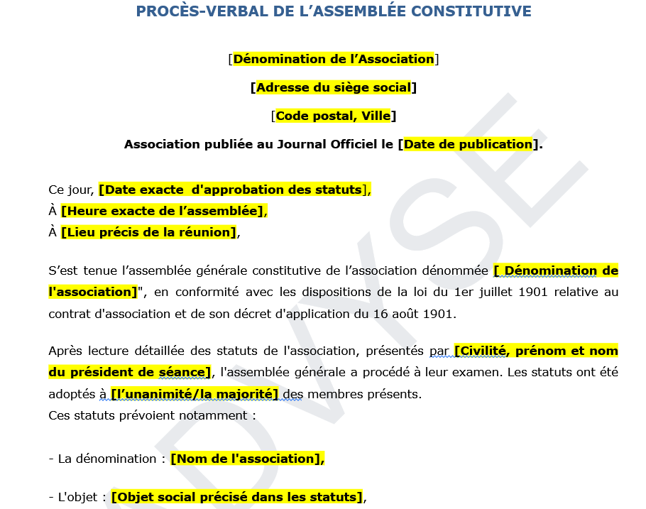 Modèle de Procès-Verbal d'Assemblée Constitutive pour Association