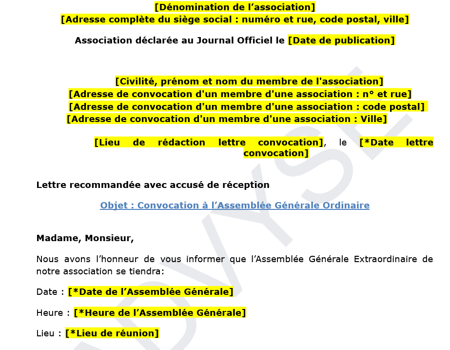 Modèle de Convocation à une Assemblée Générale d’Association
