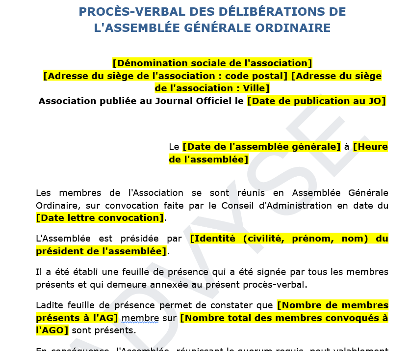 Advyse met a votre disposition gratuitement notre modèle de Procès-verbal d’Assemblée Générale Ordinaire d’association
