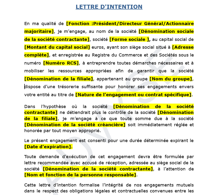 modele de LETTRE D'INTENTION