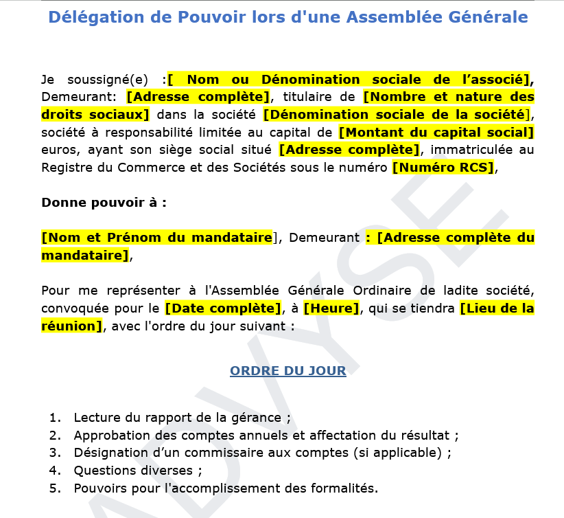 Téléchargez votre modèle de délégation de pouvoir pour l'Assemblée Générale. Découvrez les mentions obligatoires.