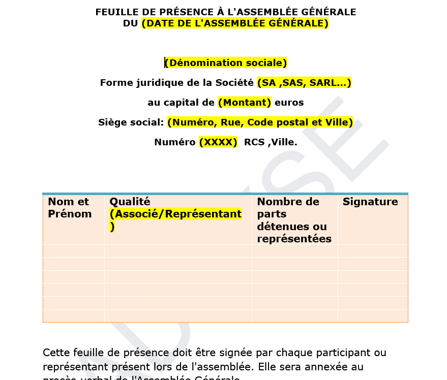 Assurez le suivi des participants à votre Assemblée Générale avec une feuille de présence conforme.