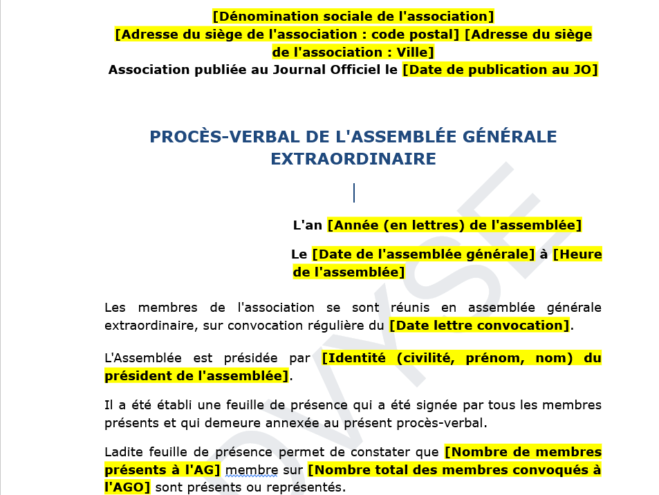 Modèle de procès-verbal Assemblée Générale Extraordinaire
