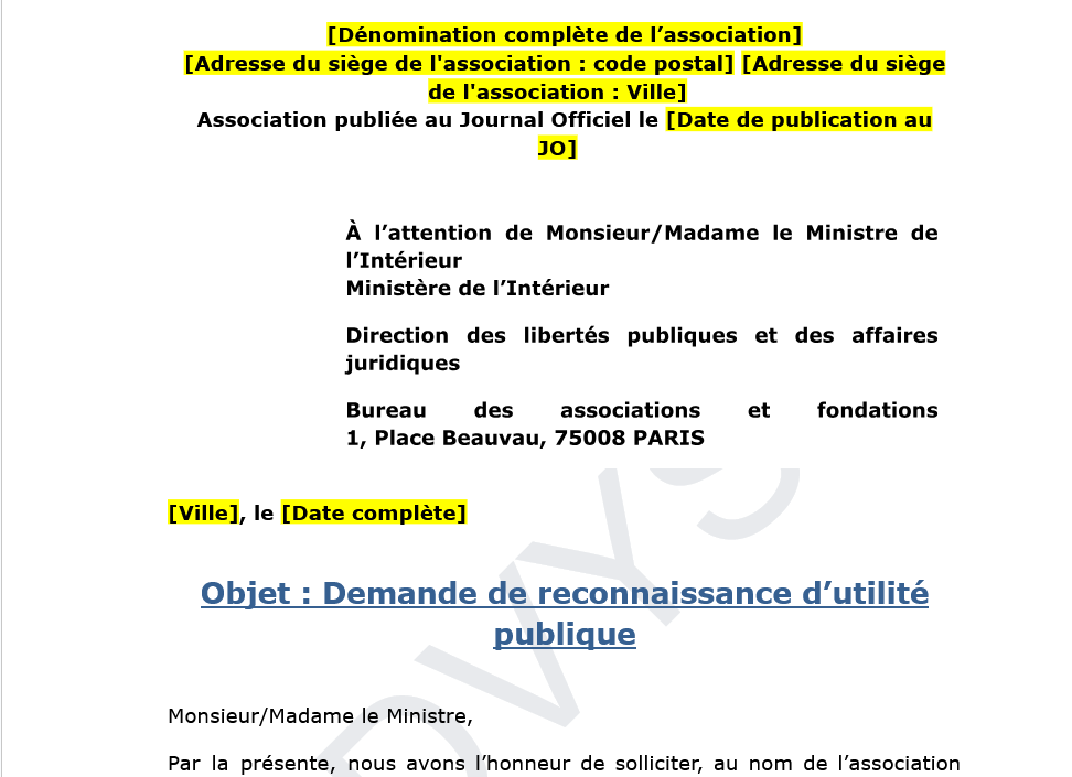 Demande de reconnaissance d’utilité publique : modèle conforme pour les associations loi 1901
