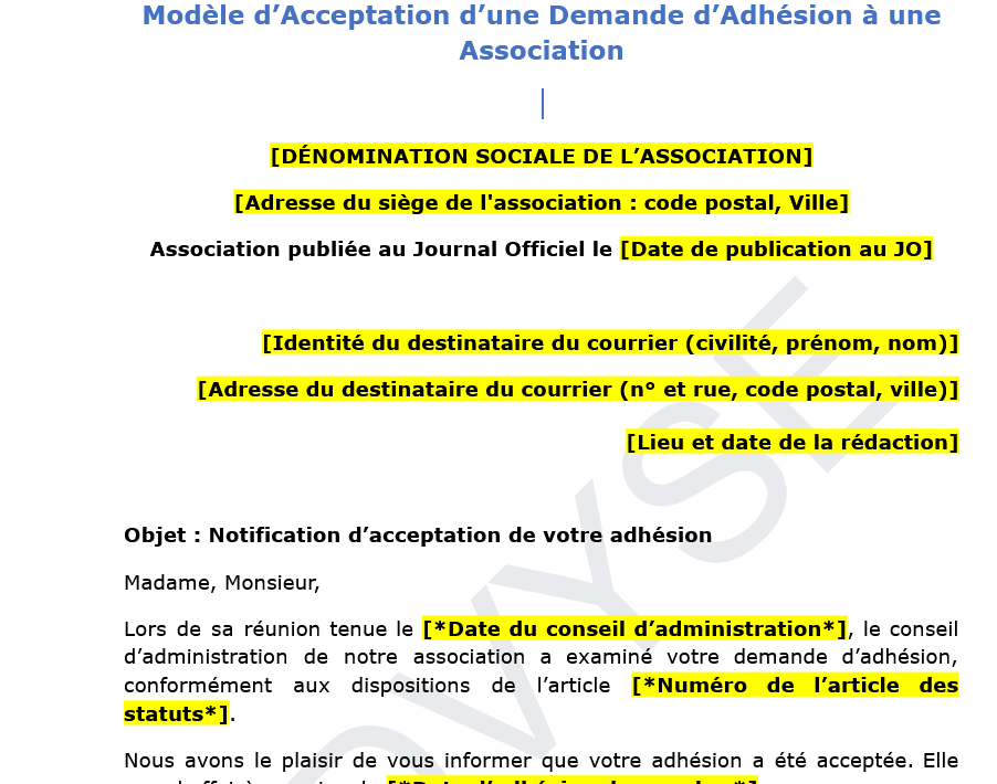 Modèle de Notification d’Acceptation d’Adhésion à une Association