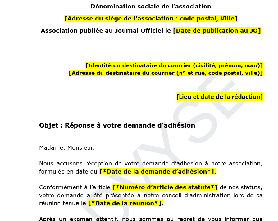 Modèle de lettre de refus d’adhésion à une association