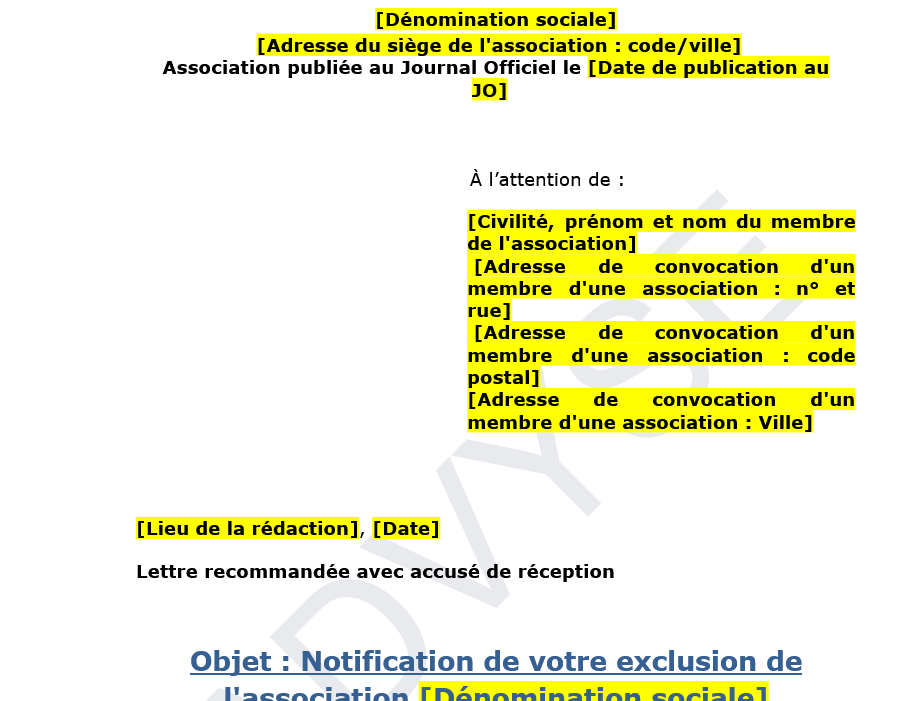 Modèle de notification de l'exclusion d'un membre dans une association