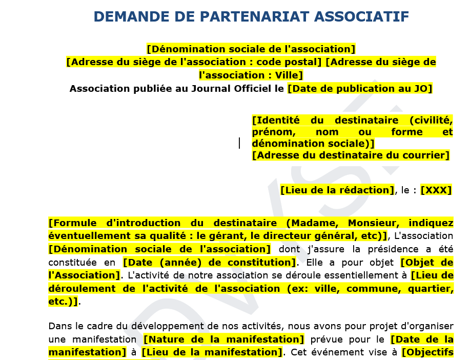 Courrier de recherche de partenariat par une association