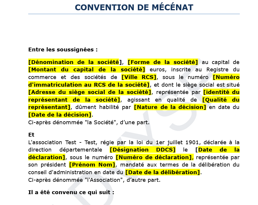 Modèle de convention de mécénat entre une association et une société