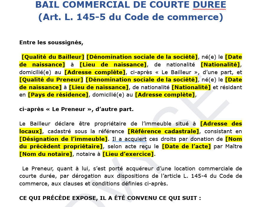 Modèle de bail dérogatoire