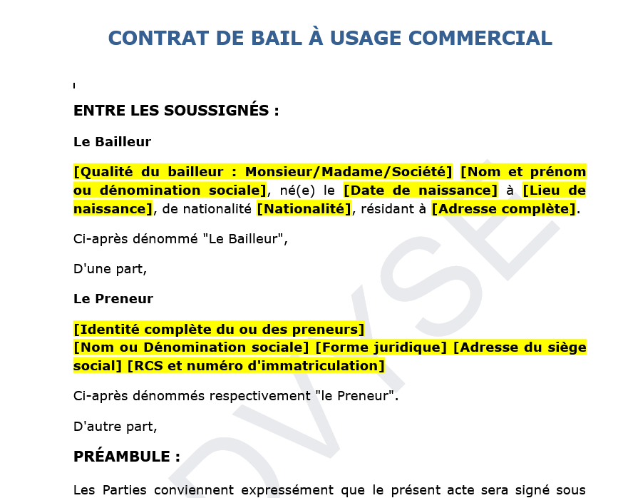 Modèle de CONTRAT DE BAIL À USAGE COMMERCIAL