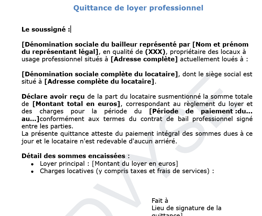 Quittance de loyer professionnel