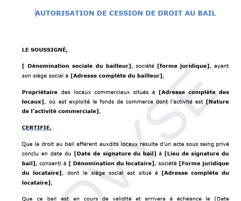 Autorisation de cession de droit au bail