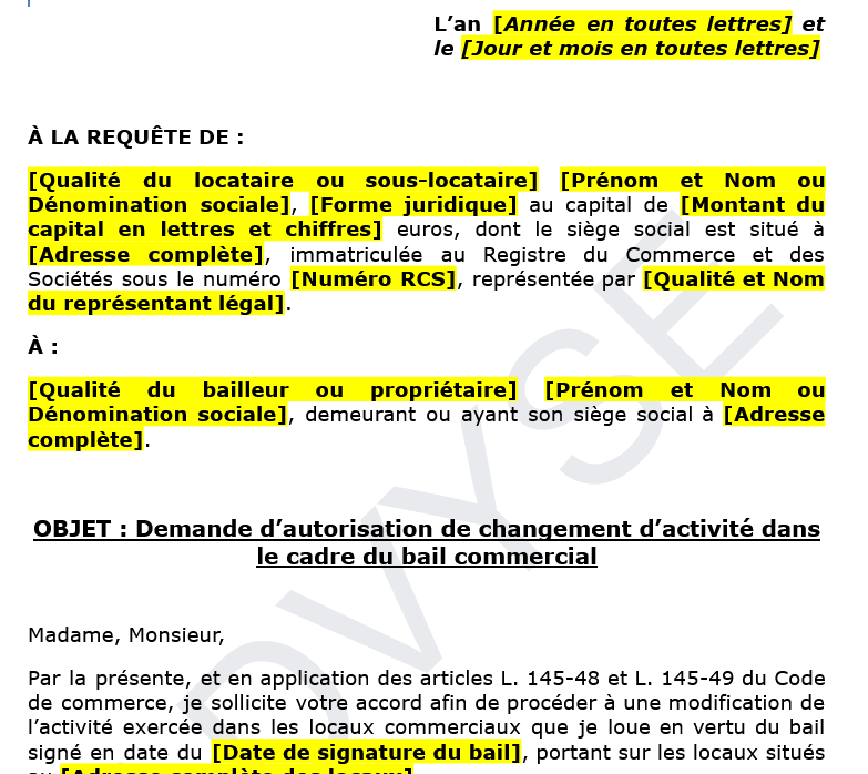 Modèle de demande d’autorisation de changement d’activité dans un bail commercial