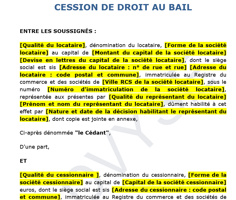 Transférez votre droit au bail en toute sécurité grâce à notre modèle complet, intégrant obligations, garanties, séquestre et formalités légales.