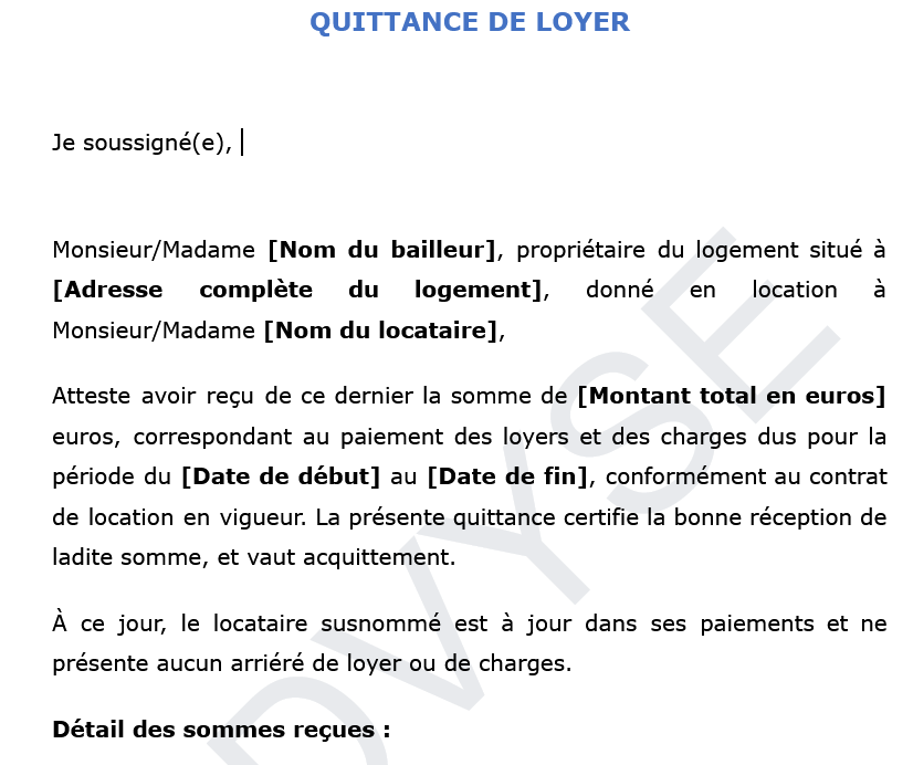 Quittance de loyer : preuve légale de paiement du loyer et charges