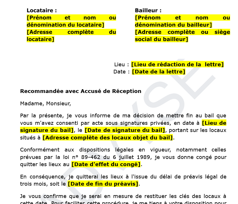 Modèle de lettre de congé locataire