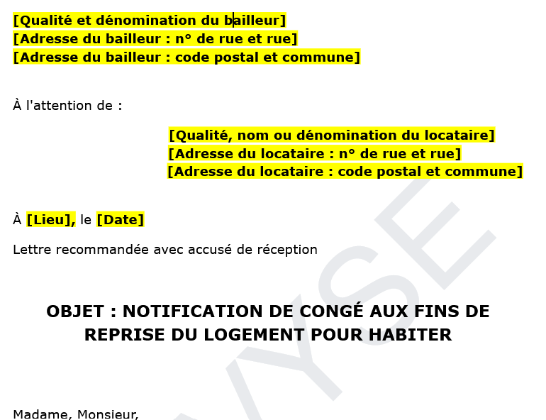 Modèle de Notification de Congé par le Bailleur pour Motif Sérieux et Légitime