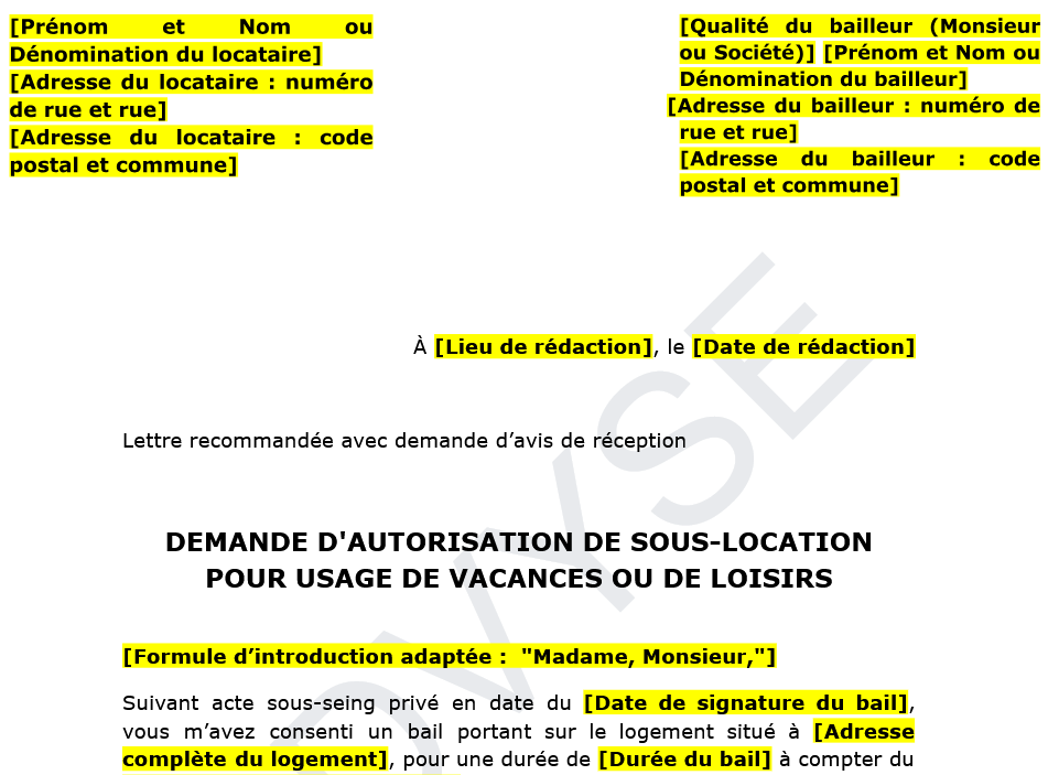 Demande d’autorisation pour sous-location de vacances ou loisirs : modèle conforme