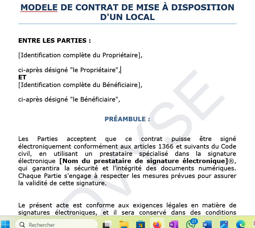 Modèle de contrat de mise à disposition d’un local